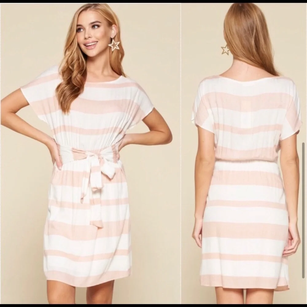 USA made peachy pink ivory striped women’s summer dress - Picture 3 of 3